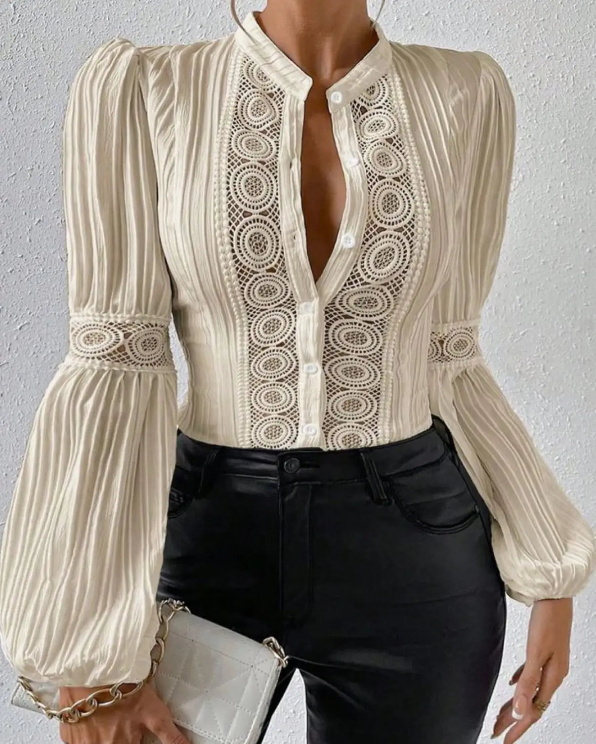 Women's Autumn Fashion Lace Spliced Lantern Long Sleeved Solid Color Slim Fit Hollow Out Blouse