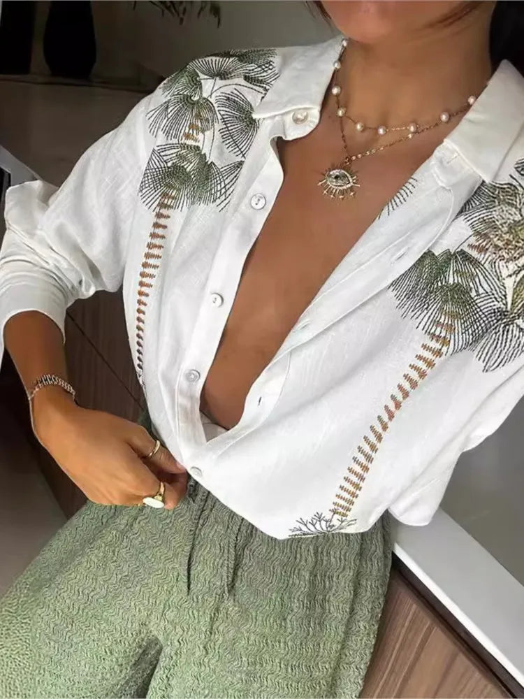 Womens Long Sleeved Shirt With Loose Thin Wide Leg Pants and Printed Lapel A Niche Design  Blouse Suits