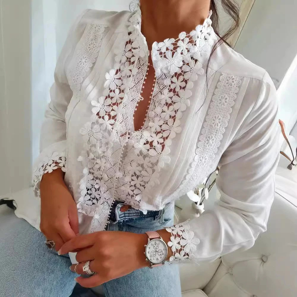 New Women's Lace Solid Color Elegant/Casual Floral Stitching Long Sleeve Top's For Spring/Summer
