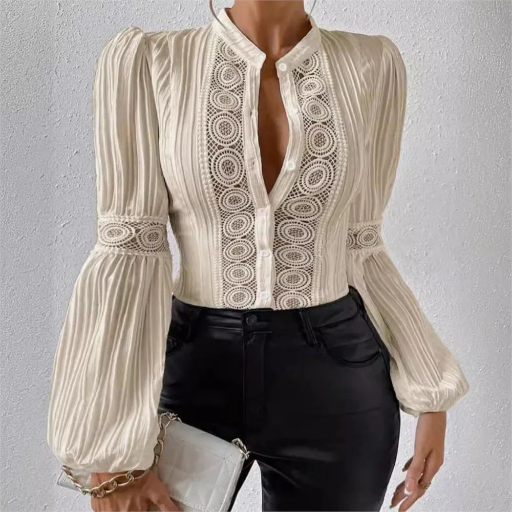 Women's Autumn Fashion Lace Spliced Lantern Long Sleeved Solid Color Slim Fit Hollow Out Blouse