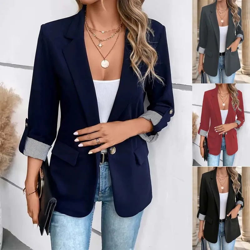 Women's fashionable casual button-up slim fit, seven-quarter rolled sleeve suit jacket...