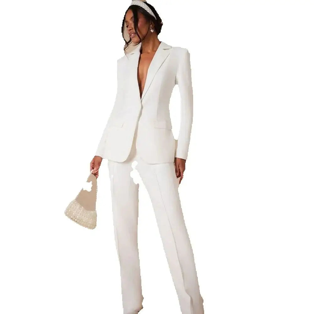 Women's Luxury White Single Breasted 2 Pieces Lady's Blazers Jacket Pants Suit...