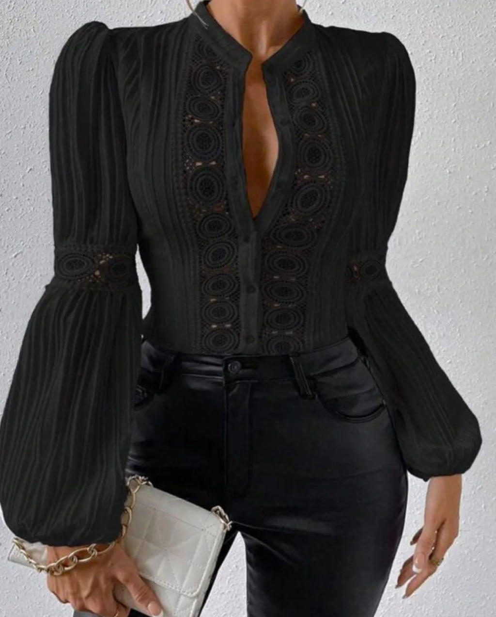 Women's Autumn Fashion Lace Spliced Lantern Long Sleeved Solid Color Slim Fit Hollow Out Blouse