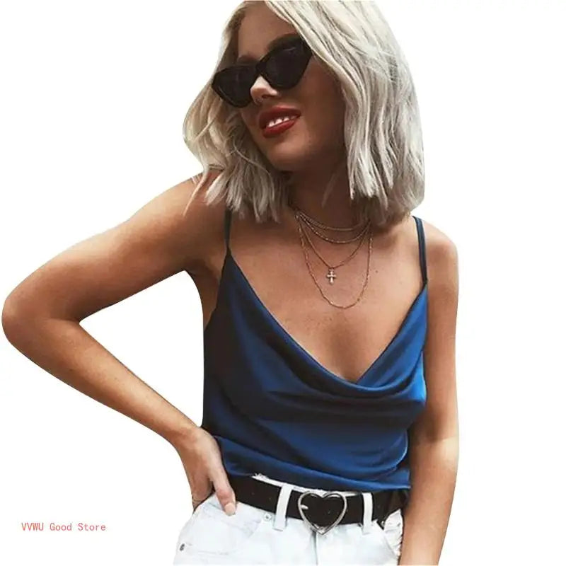 Women Strappy Plain Sling Vest Solid Color Cowl Neck Sleeveless Camisole