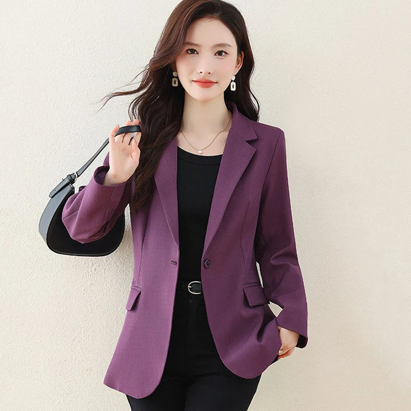 Ladies Classic Solid Colored Slim Long Sleeve Single Button Turn Down Collar Spring Autumn Blazer Suit Jacket for Women...