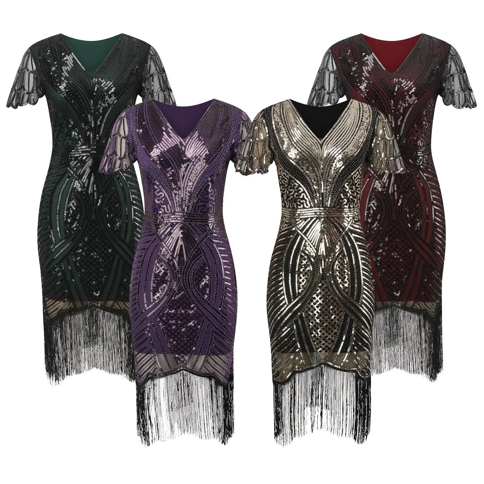 Women's 1920s Vintage Tassels Hem Beaded Sequin Great Gatsby Flapper Dress Great For Evening Out and Cocktail Parties