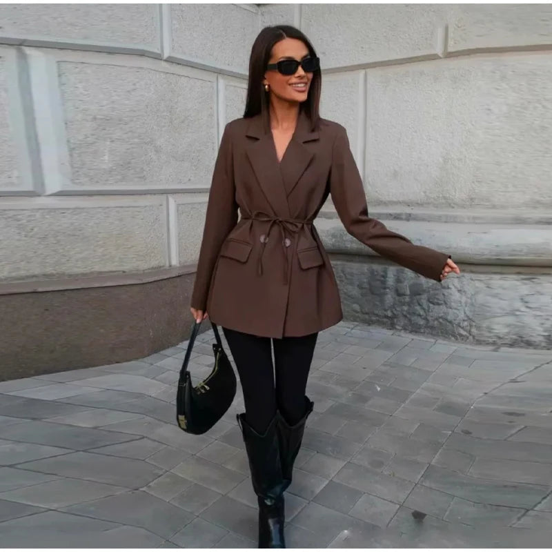 New Women's Elegant Chic Urban Lapel Casual Long Sleeve, Pockets, Turn-down Collar, Belt, Autumn Blazers Coat...