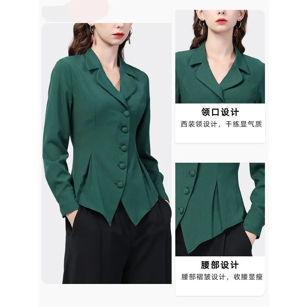 Women's Solid Color Notched Pleated Button Intellectual Graceful Elegant Thin Autumn Blazers...