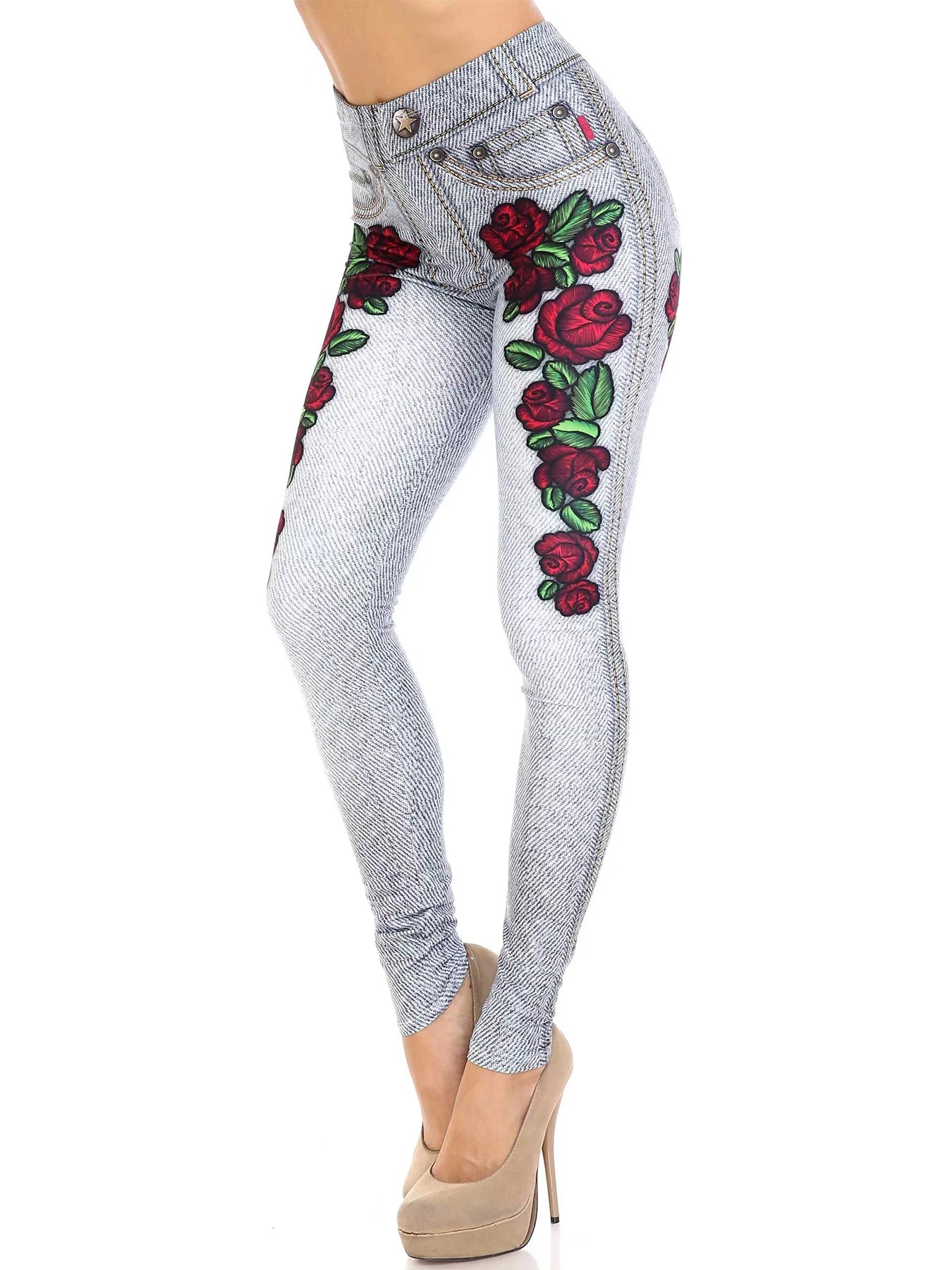 Women's New Sexy High-waisted Imitation Denim, Elastic Rose Nine-point Leggings...