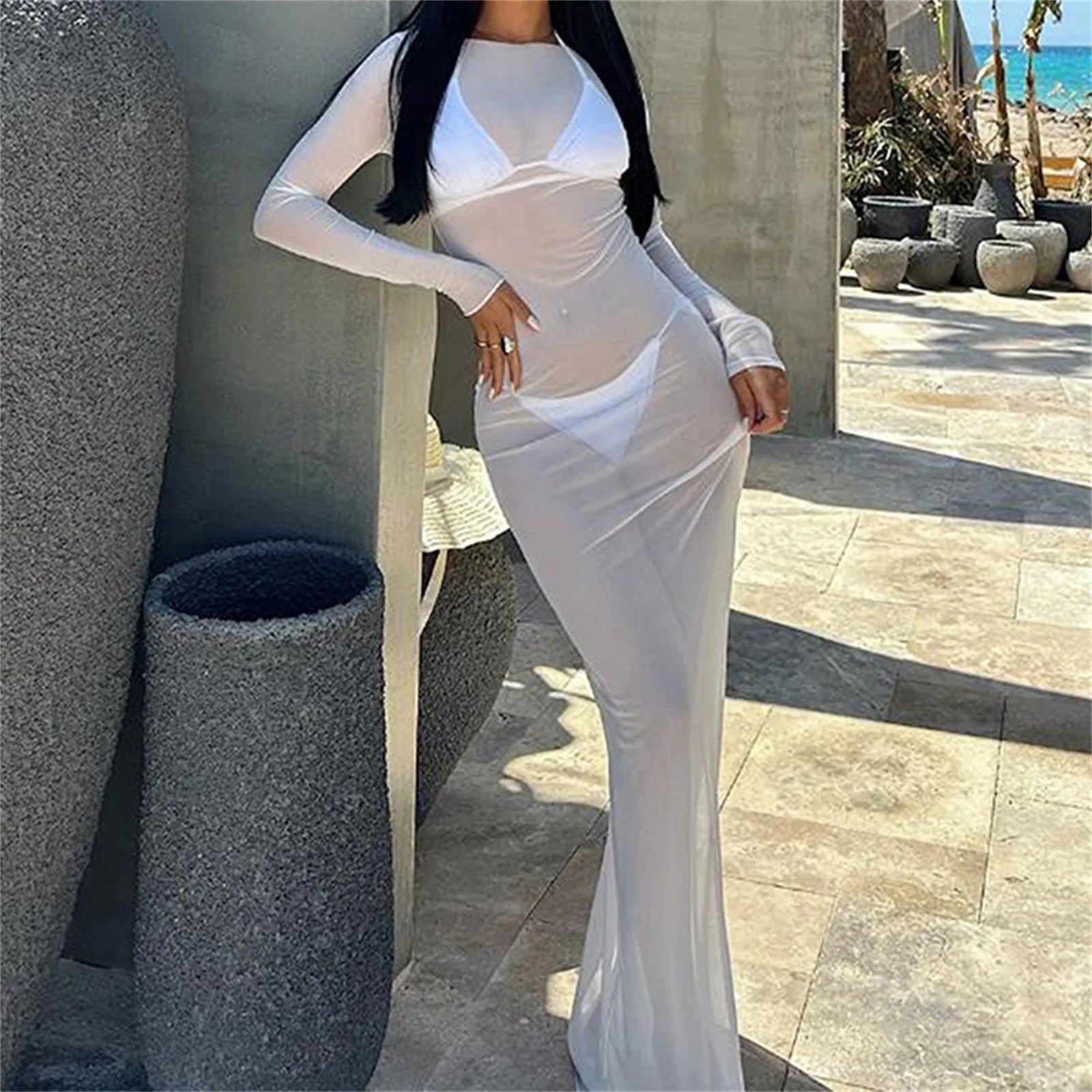 Beautiful See Through Long Sleeve Beach Maxi Dresses Mesh Sheer Bikini Cover-Ups for Women...