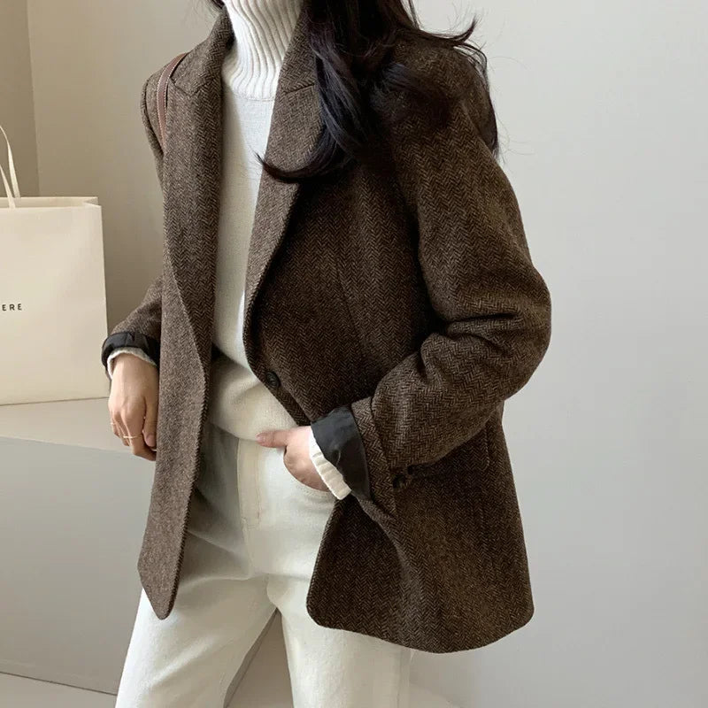 Women's Chic Wool Loose Vintage Long Sleeve Button Up Turn Down Collar Blazer Coats Jacket...