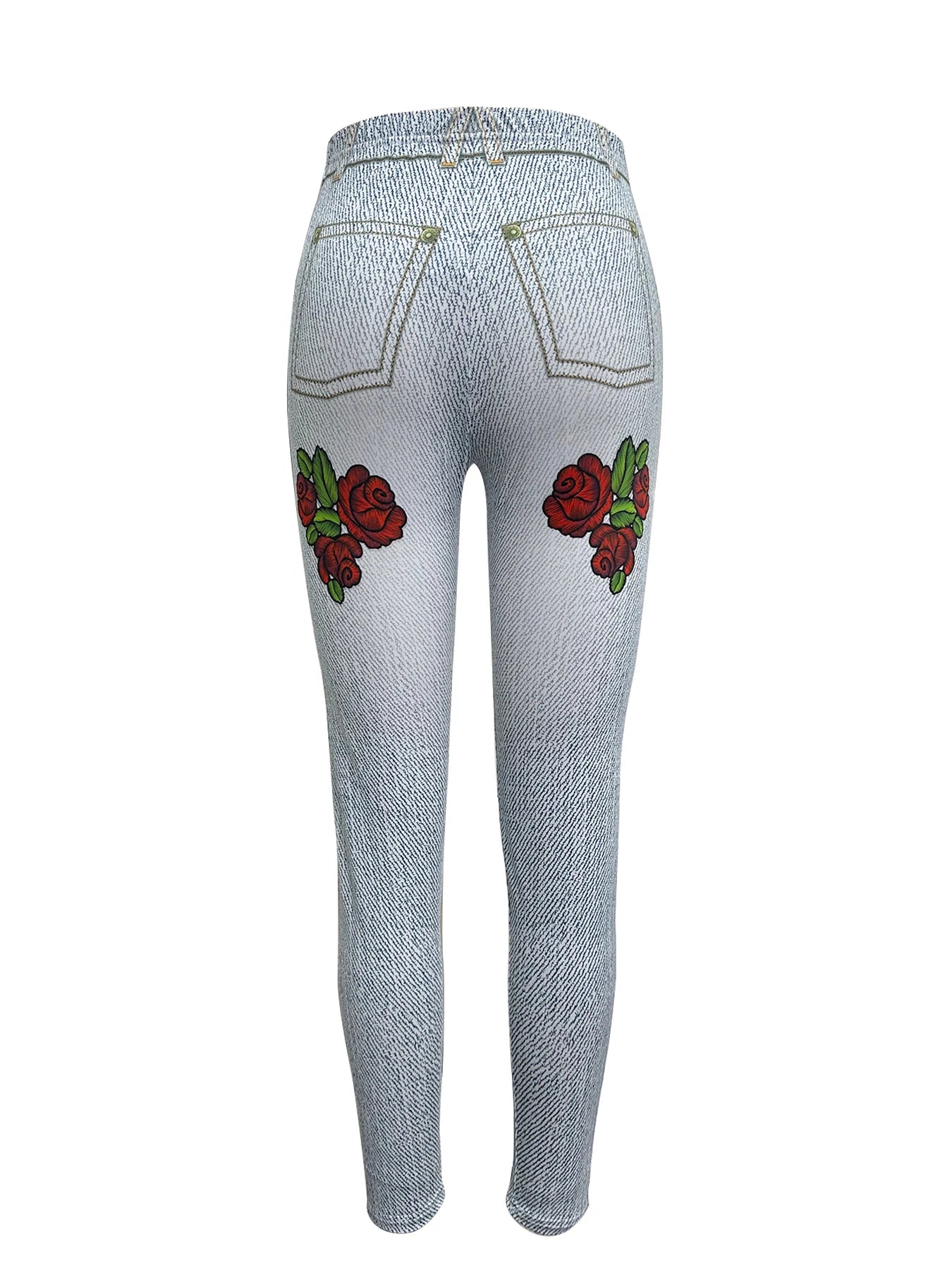 Women's New Sexy High-waisted Imitation Denim, Elastic Rose Nine-point Leggings...