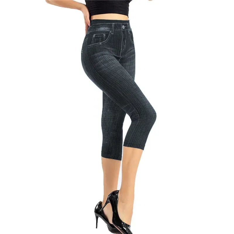 Women's High Waist Thin Slimming Imitation Denim For The Summer Hips Seven Cropped Leggings Pants...