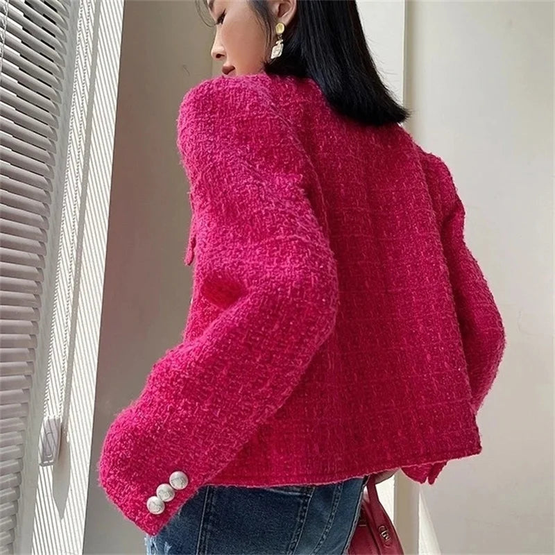 Women's New Autumn Long Sleeve Tweed Double-breasted Blazers Jacket...