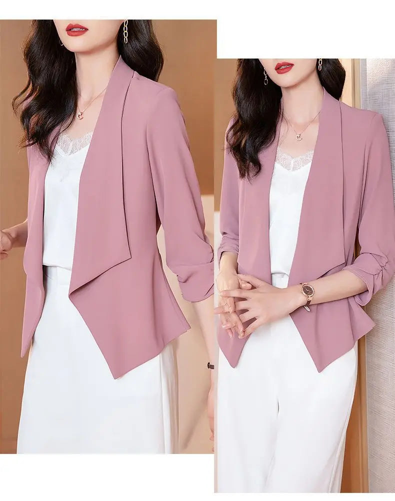 Women's New Spring and Autumn Commuting Minimalist Versatile Chiffon Three Quarter Slim Fit Solid Color Lapel Coat...