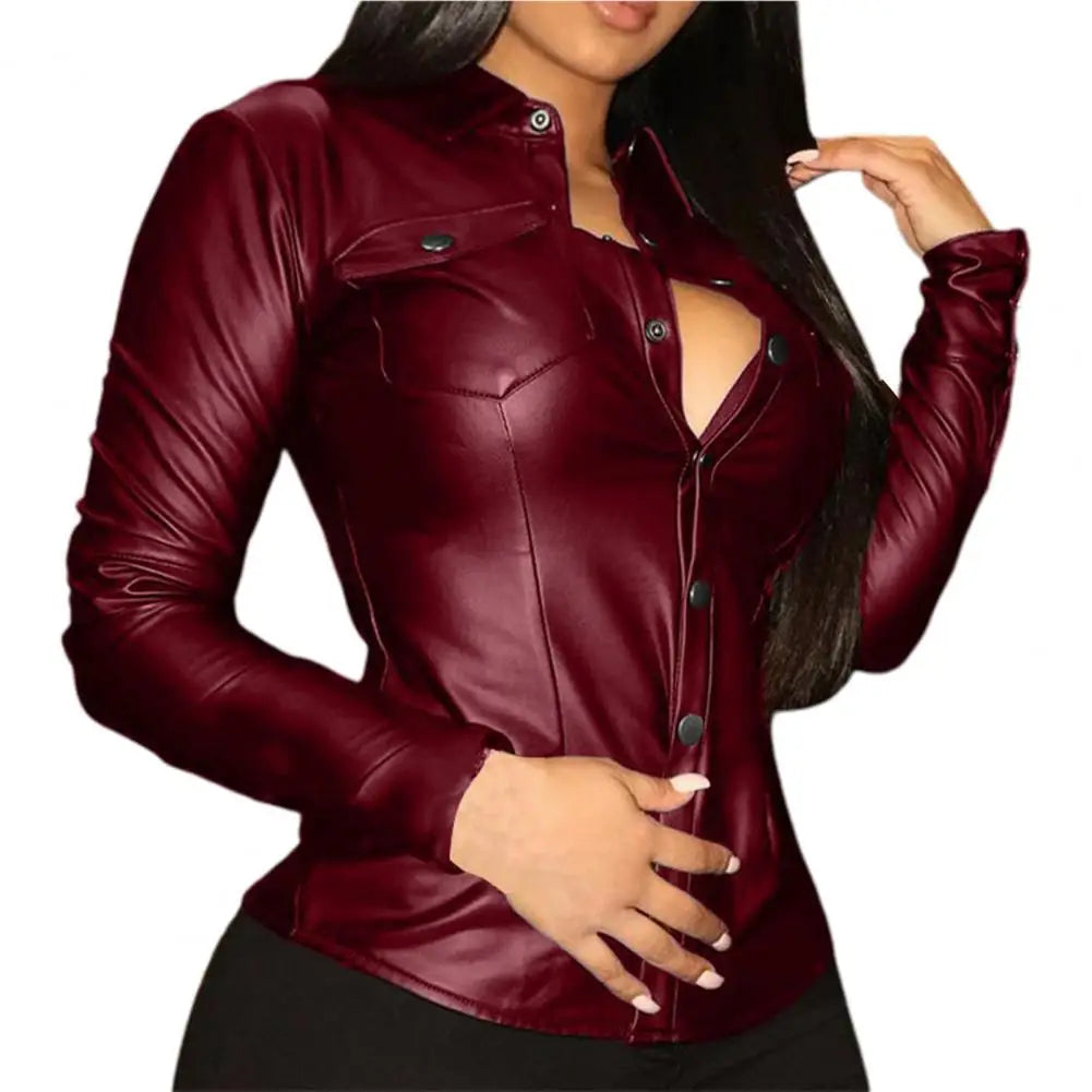 New Women's PU Leather Shirt Top Loose V-neck Long Sleeved Buttons Pocket Women Blouse Faux Leather Women Shirt Top Streetwear