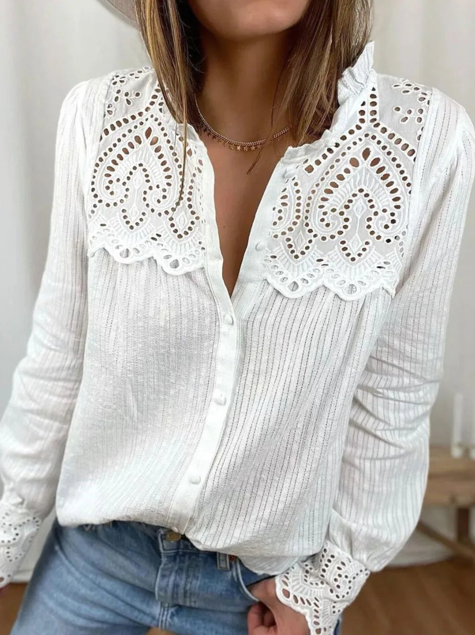 New! Women's High Quality, Loose Cotton Lace, Autumn Blouse, Casual Round Neck, Long Sleeve..