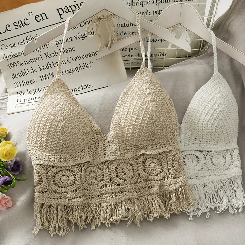 Womens Retro Sexy Crop Tops Tassel Spaghetti Strap Wild Hollow Perspective, Built In Bra New Back Lace Halter Neck Tanke Top  For Women