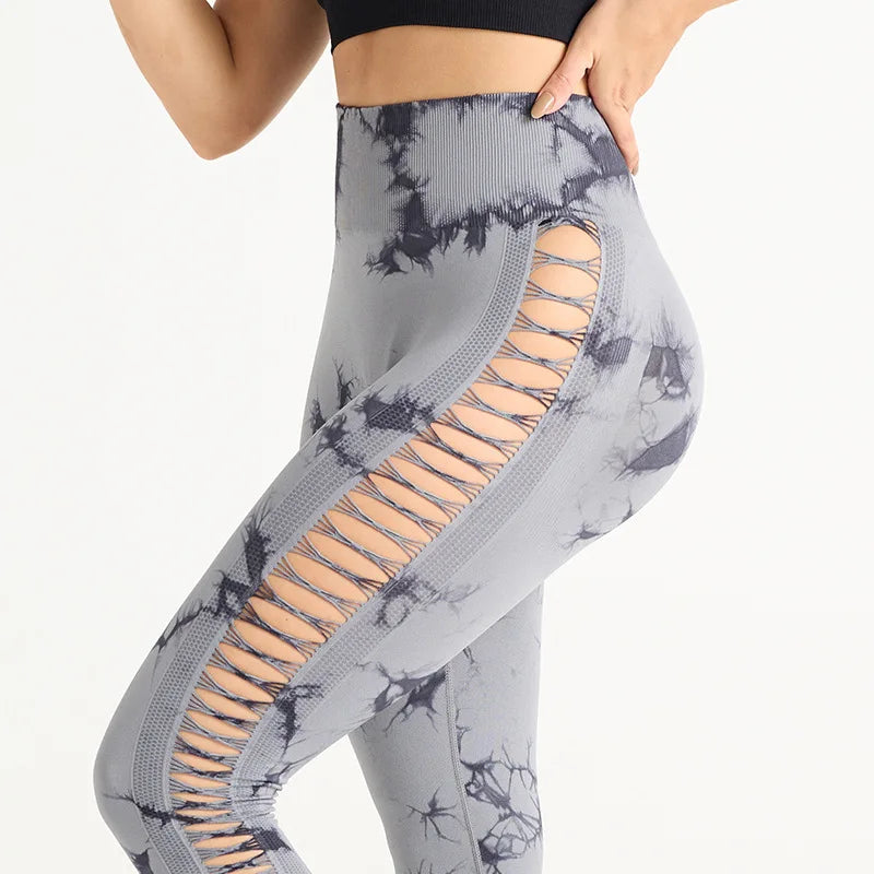 Women's Sexy Skinny Stretch Butt Lifting High Waist Seamless Hollow Out Tie Dye Yoga, Gym Leggings...