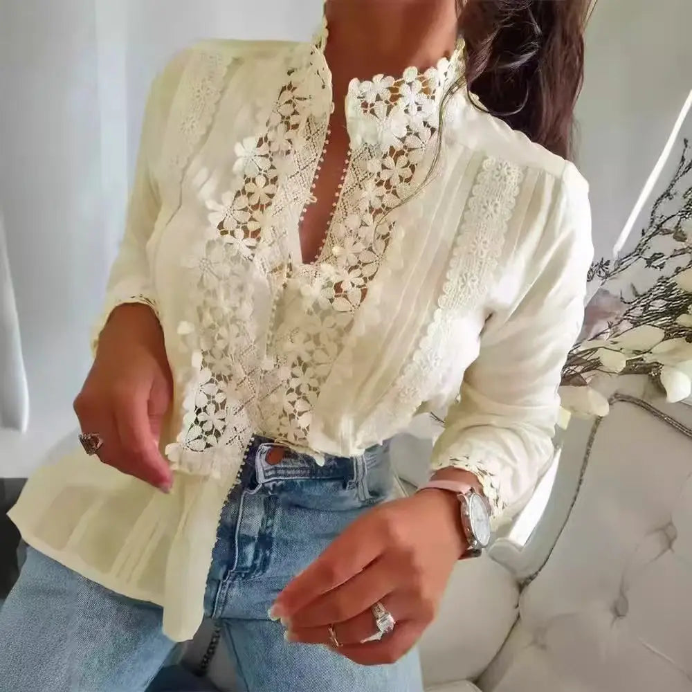 New Women's Lace Solid Color Elegant/Casual Floral Stitching Long Sleeve Top's For Spring/Summer