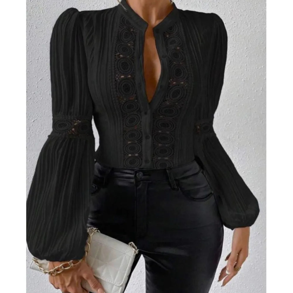 Women's Autumn Fashion Lace Spliced Lantern Long Sleeved Solid Color Slim Fit Hollow Out Blouse