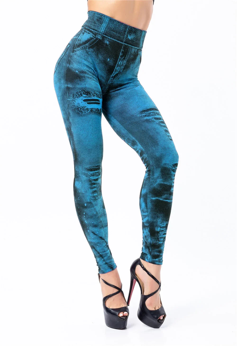 Women's Imitation Distressed Denim Jeans High Waist Leggings...