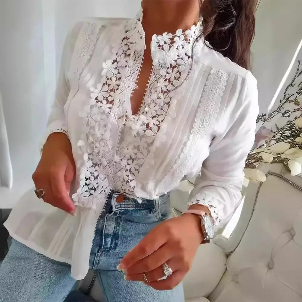 New Women's Lace Solid Color Elegant/Casual Floral Stitching Long Sleeve Top's For Spring/Summer
