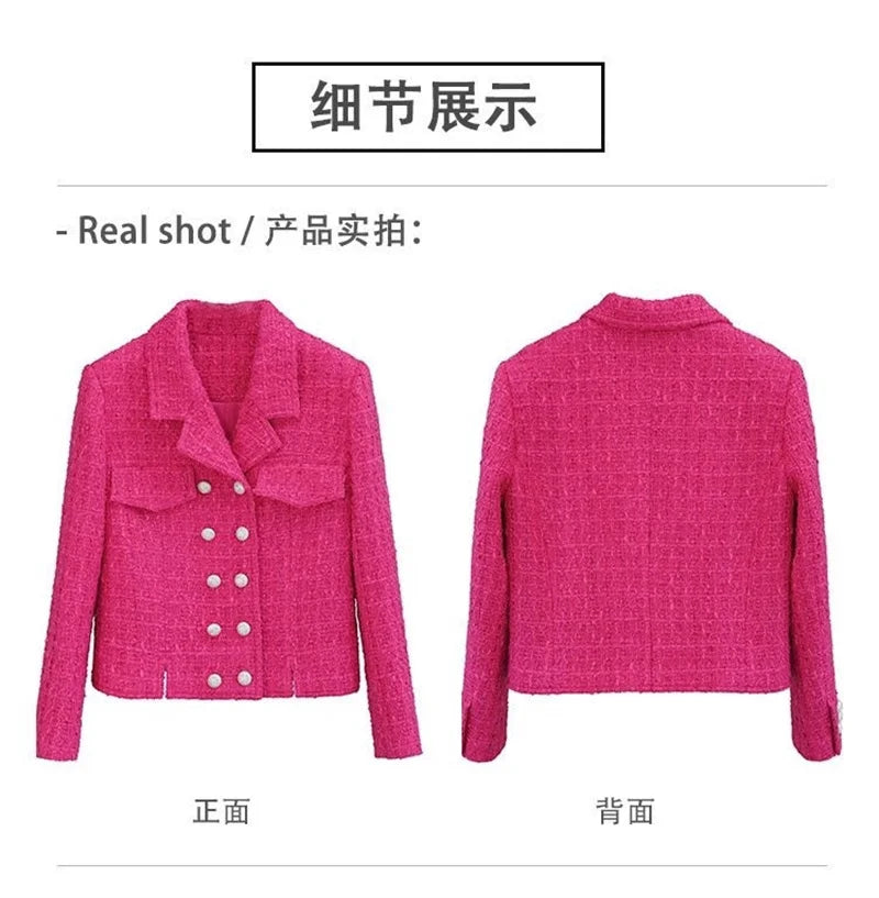 Women's New Autumn Long Sleeve Tweed Double-breasted Blazers Jacket...