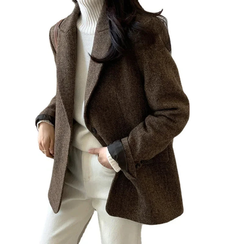 Women's Chic Wool Loose Vintage Long Sleeve Button Up Turn Down Collar Blazer Coats Jacket...