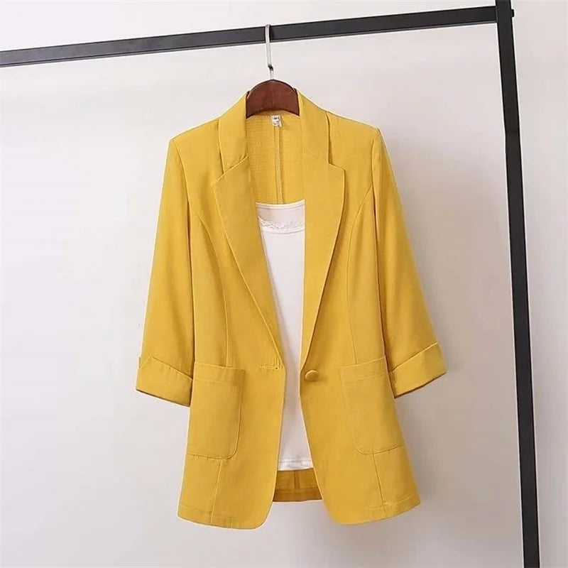 Women's New Spring/Summer Cotton Fabric Solid Color Yellow, Black, and White Loose Oversized Suit Jacket...