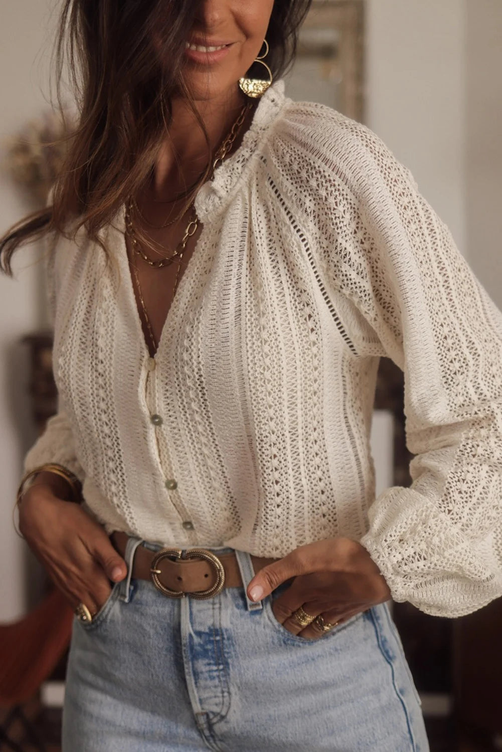 Women's Elegant Boho Casual Vintage Long Sleeve Summer Beach Hollow Out Lace Blouse...