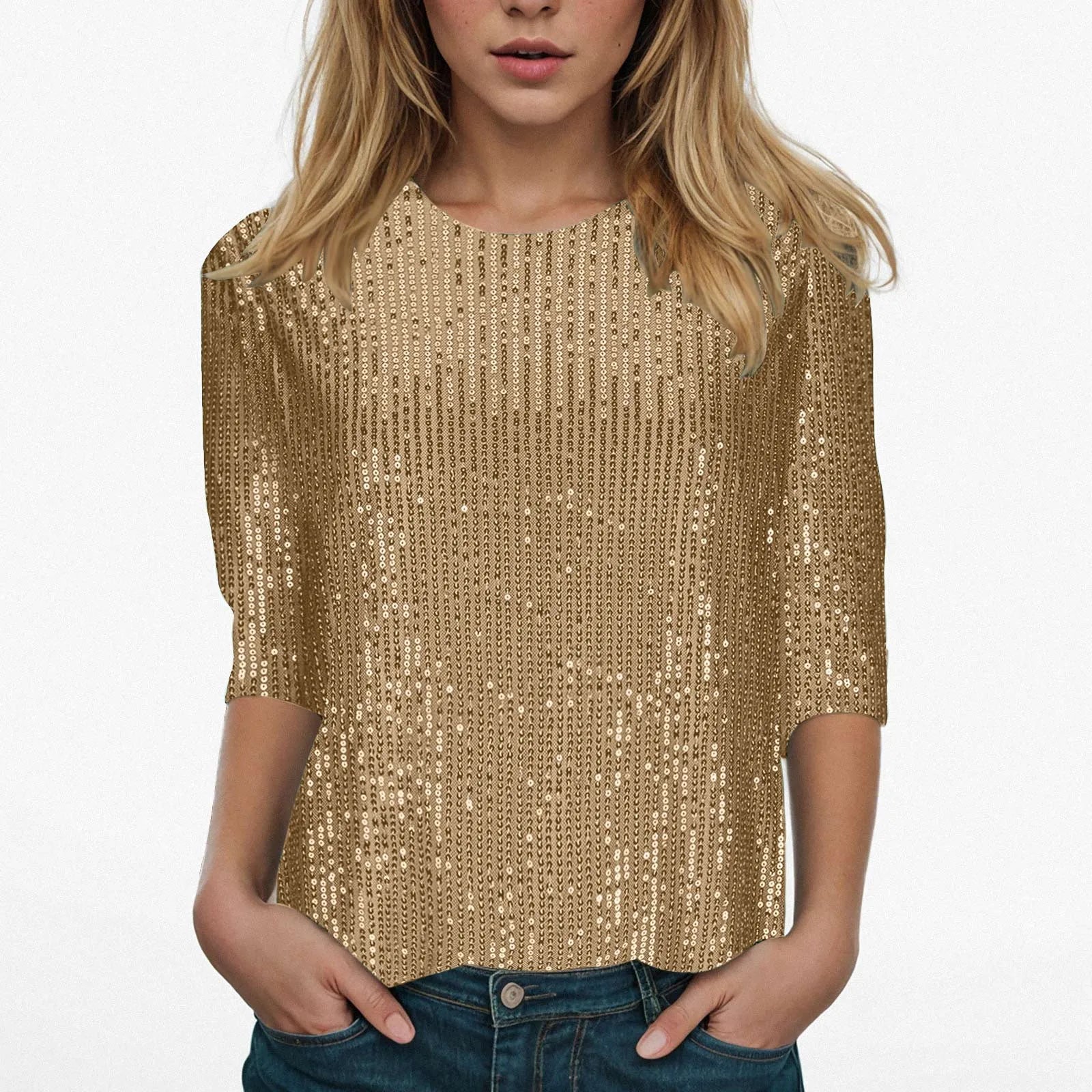 Women's Casual Shiny Sequins Round Neck Quarter Sleeve Glitter Loose Shirts Clubwear Shirt...