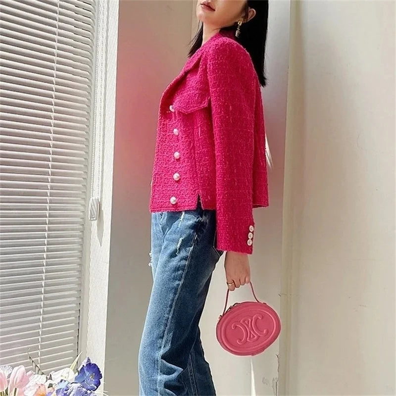 Women's New Autumn Long Sleeve Tweed Double-breasted Blazers Jacket...