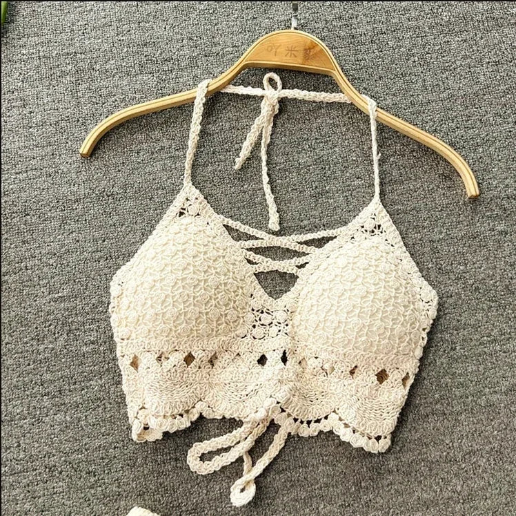 Womens Retro Sexy Crop Tops Tassel Spaghetti Strap Wild Hollow Perspective, Built In Bra New Back Lace Halter Neck Tanke Top  For Women