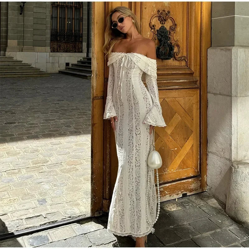 New! Women's Sexy White Luxury Long, Hollow Out Lace With Backless See-Through Slim Lace-Up Maxi Dress...