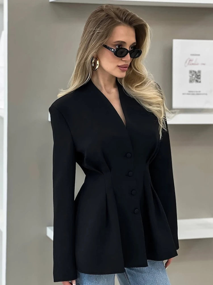 Women's Elegant V-neck Tunics Black Long Sleeve Single Breasted Slim Blazers...