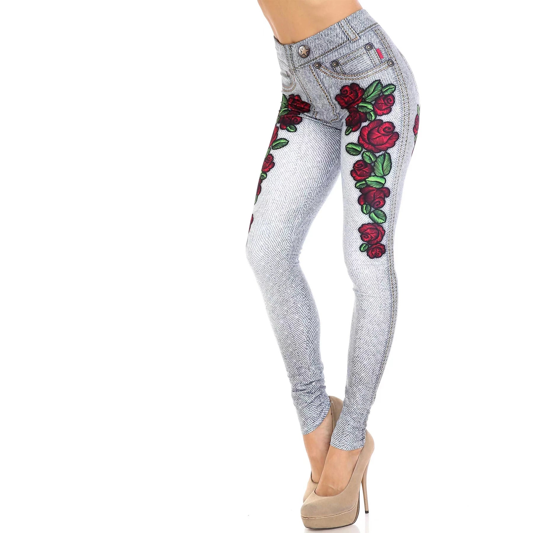 Women's New Sexy High-waisted Imitation Denim, Elastic Rose Nine-point Leggings...