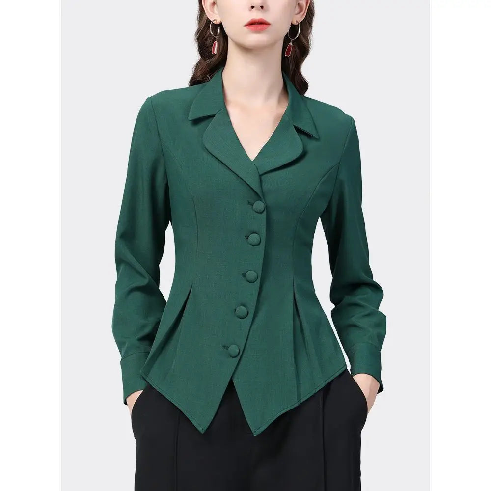 Women's Solid Color Notched Pleated Button Intellectual Graceful Elegant Thin Autumn Blazers...
