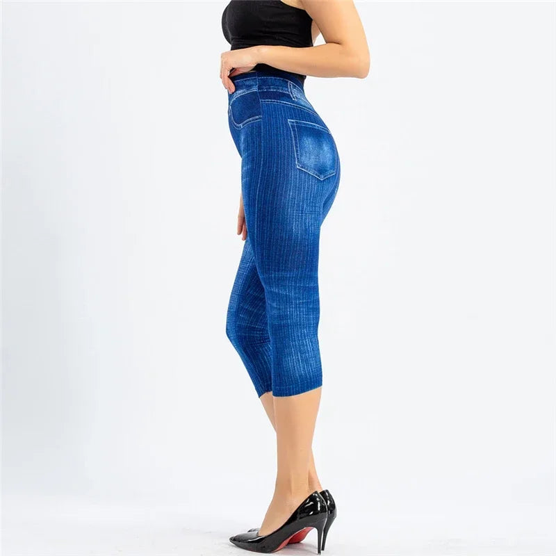 Women's High Waist Thin Slimming Imitation Denim For The Summer Hips Seven Cropped Leggings Pants...