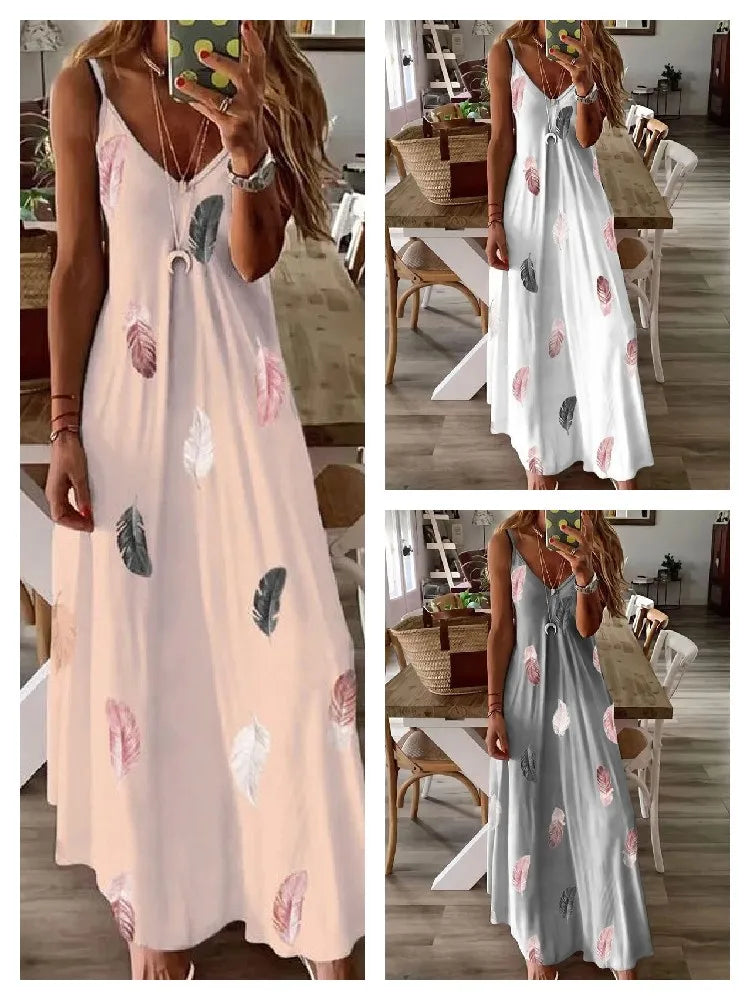 Hot Women's Sleeveless Slim Fit, Feather Print Low Cut Long Dress And V-Neck With Spaghetti Strap...