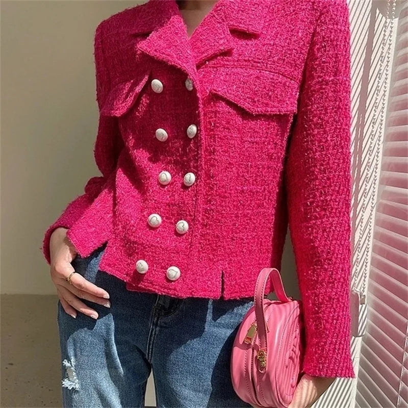Women's New Autumn Long Sleeve Tweed Double-breasted Blazers Jacket...