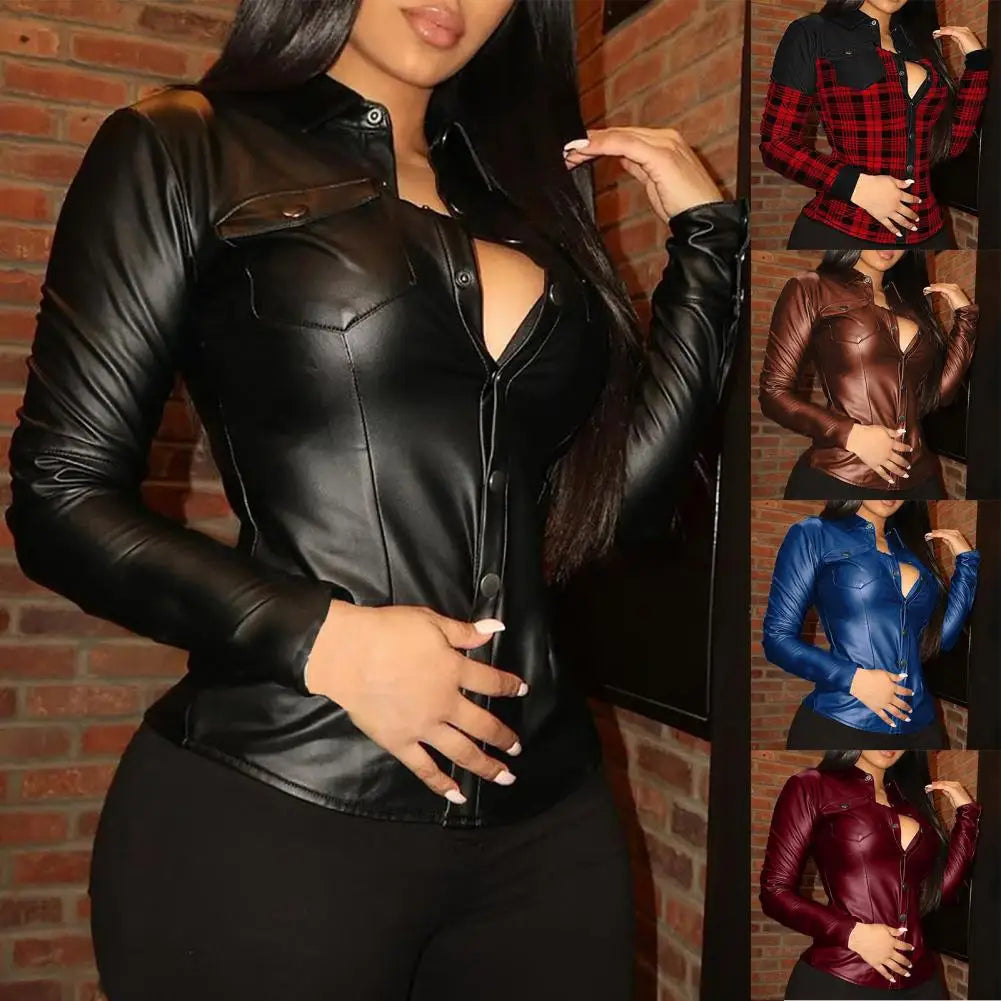 New Women's PU Leather Shirt Top Loose V-neck Long Sleeved Buttons Pocket Women Blouse Faux Leather Women Shirt Top Streetwear