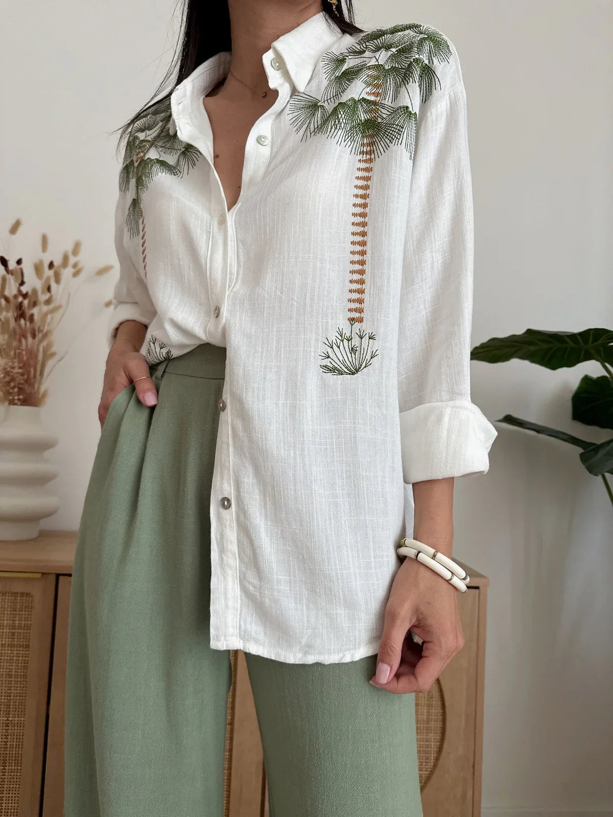 Womens Long Sleeved Shirt With Loose Thin Wide Leg Pants and Printed Lapel A Niche Design  Blouse Suits