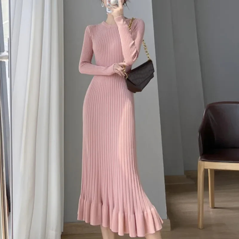 Women's Knit Long Knee-Length Ruffle Edge Fish Tail Dress Smooth Slimming Sweater Dress...