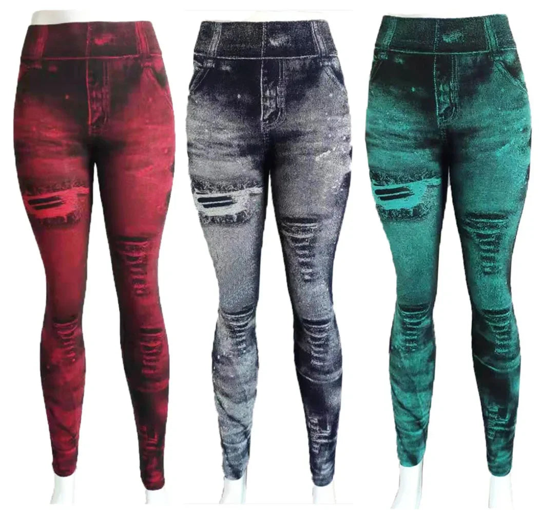 Women's Imitation Distressed Denim Jeans High Waist Leggings...