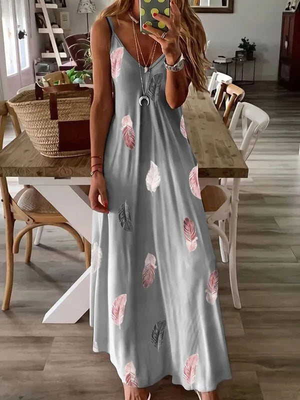 Hot Women's Sleeveless Slim Fit, Feather Print Low Cut Long Dress And V-Neck With Spaghetti Strap...