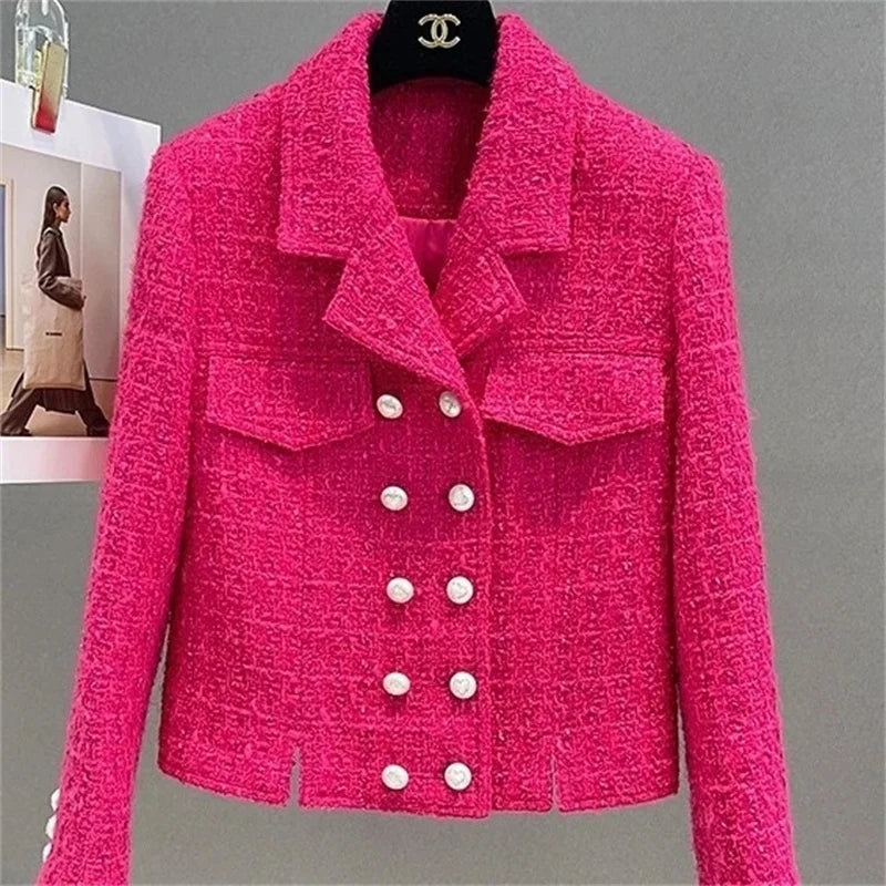 Women's New Autumn Long Sleeve Tweed Double-breasted Blazers Jacket...