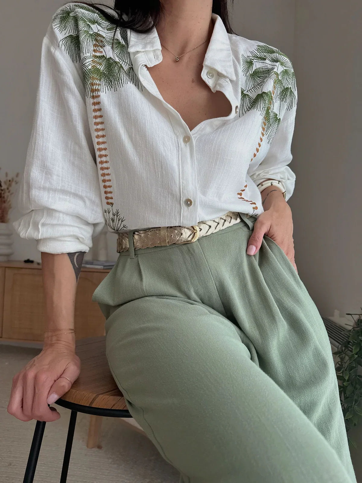 Womens Long Sleeved Shirt With Loose Thin Wide Leg Pants and Printed Lapel A Niche Design  Blouse Suits