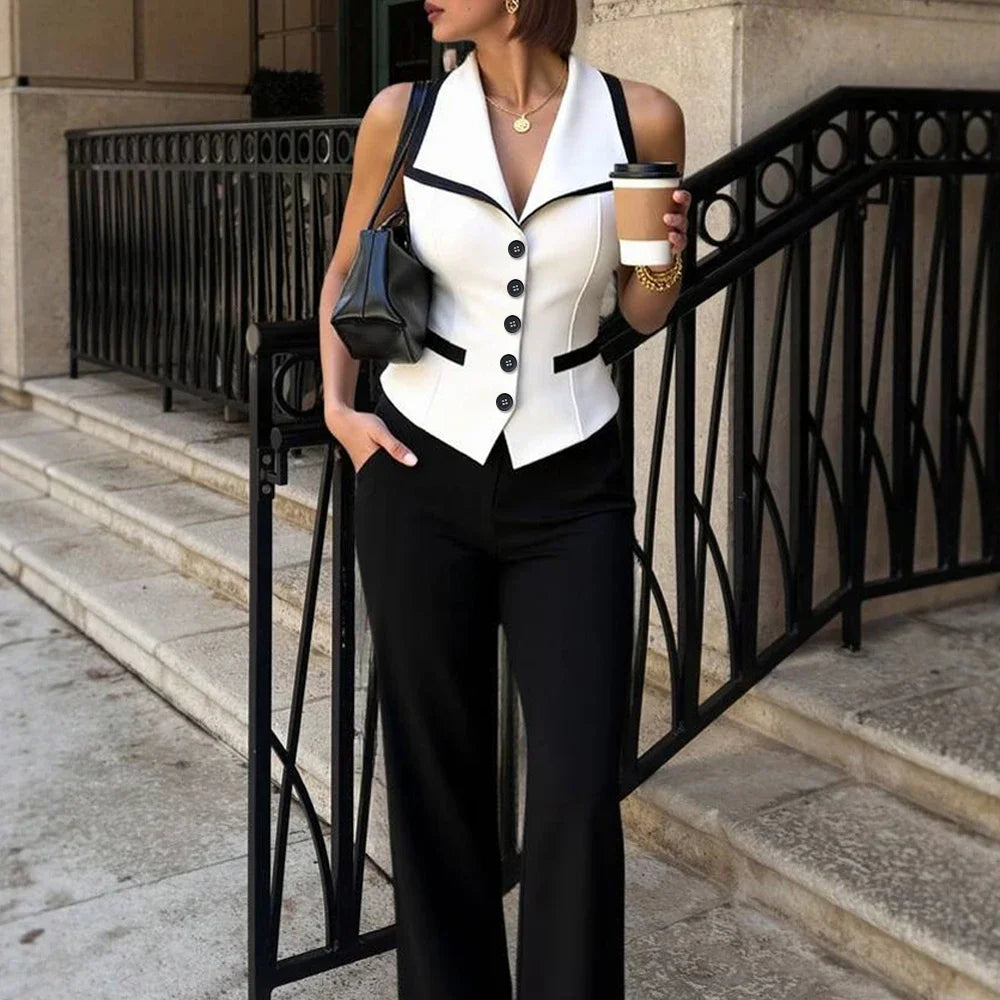 Mia Muse Boutique, Summer Women's Vests Chic Sleeveless Contrast Trim Button Front Notched Collar Urban Tops