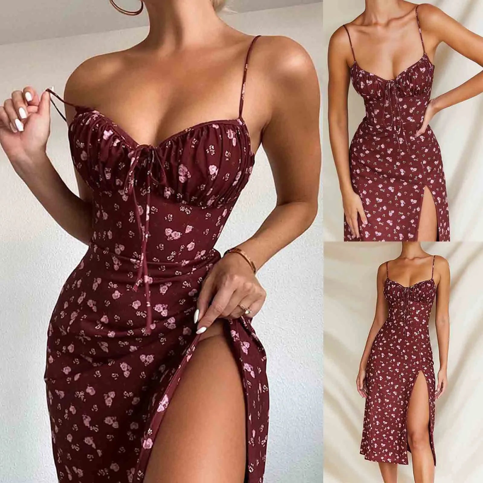 Elegant Classy Flower Print Spaghetti Straps Dress With Side Spit